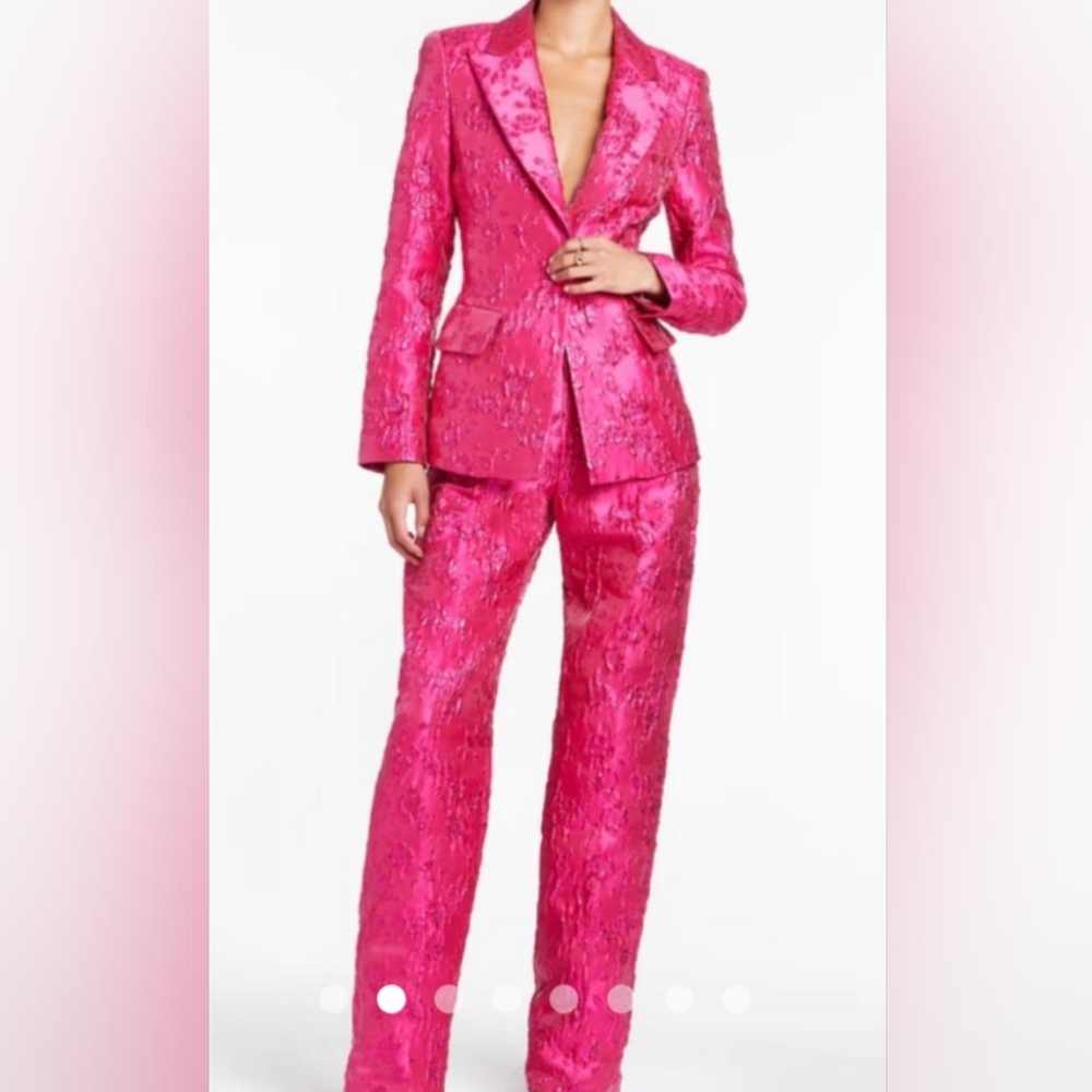 AMANDA UPRICHARD  PINK BROCADE ALDRIDGE BLAZER AND WALLACE PANTS.
